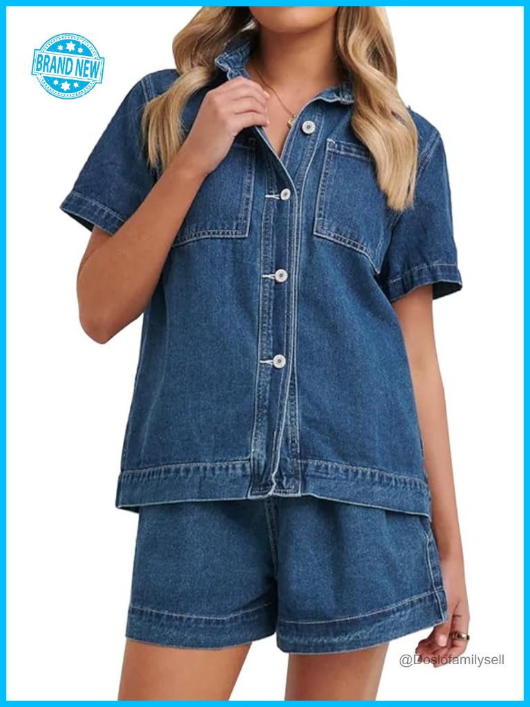 Women's Denim Lounge Set: 2 Piece Casual Short Sleeve Boxy Shirt And Shorts